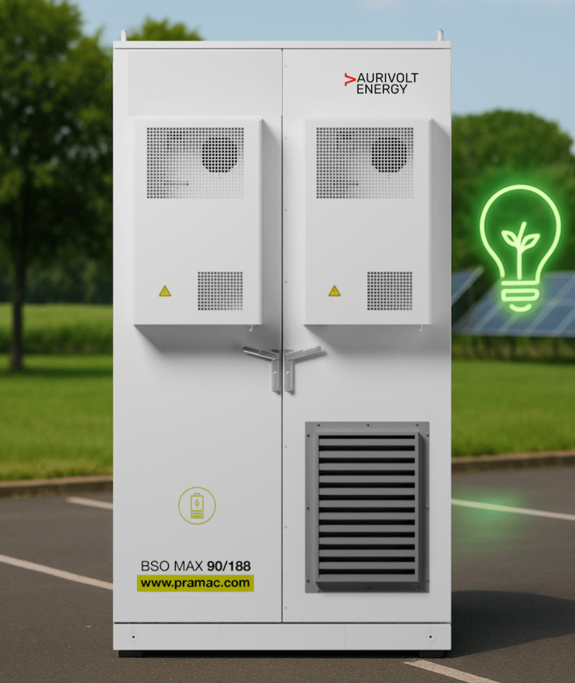 Batteriespeicher auf Parkplatz mit Photovoltaik im Hintergrund und einer grünen Glühbirne für ESG