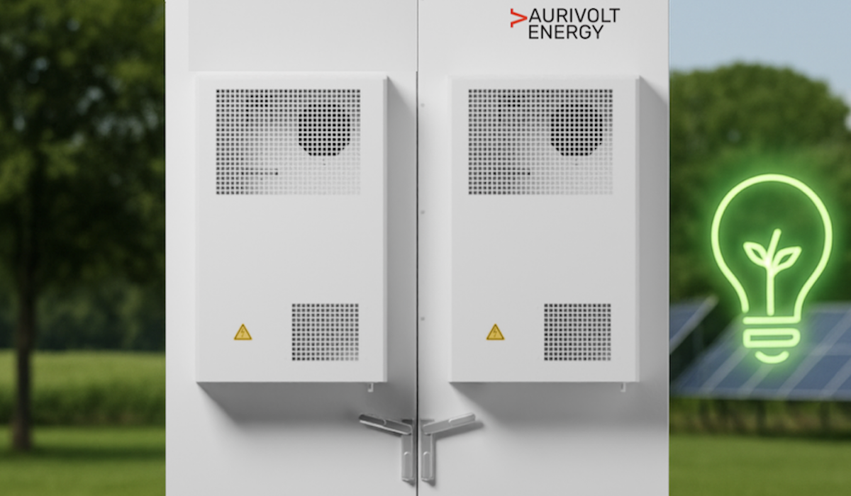 Batteriespeicher, im Hintergrund PV Module und Bäume auf einem Betriebsgelände