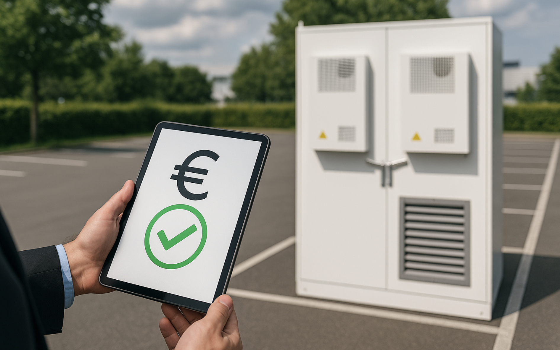 Batteriespeicher auf einem Parkplatz mir einer Person, die ein Tablett festhält. Darauf ein EURO Zeichen und ein Haken.