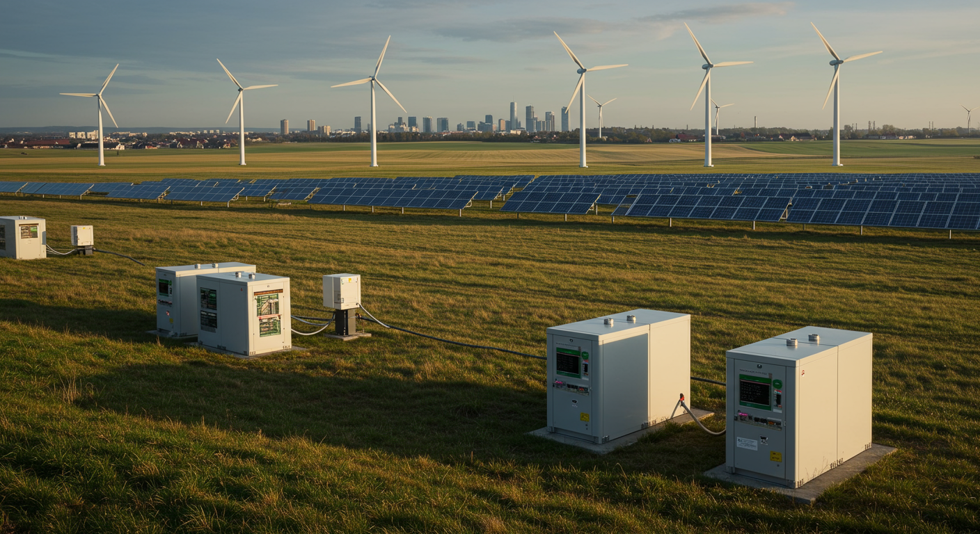 Batteriespeicher von AURIVOLT mit Photovoltaik und Windrädern