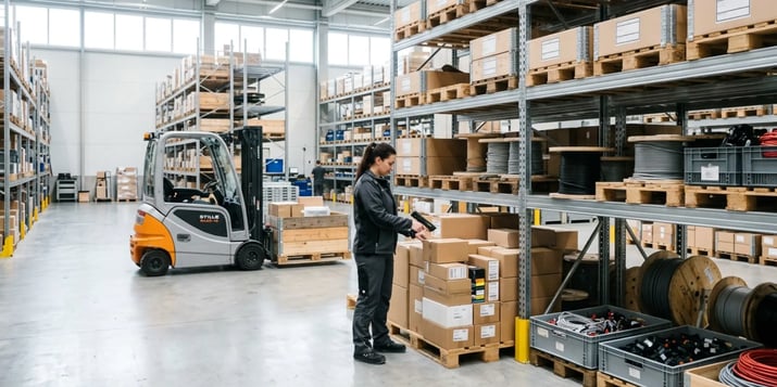 Fachkraft für Lager & Logistik prüft eine Lieferung im Lager von aurivolt