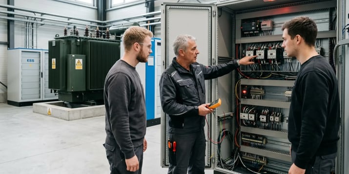 Elektromeister erklärt zwei Monteuren einen Prüfschritt am Schaltschrank