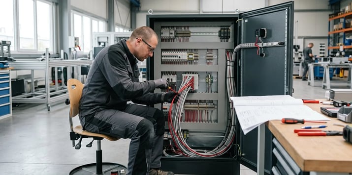 Elektromonteur verdrahtet einen Schaltschrank in der Fertigung von aurivolt