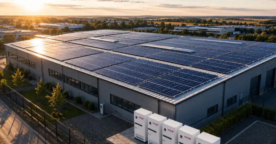 Luftaufnahme eines modernen Gewerbegebäudes mit großflächiger Photovoltaikanlage auf dem Dach und mehreren Batteriespeichersystemen im Vordergrund bei Sonnenuntergang. Die Szene vermittelt nachhaltige Energieversorgung, industrielle Innovation und Energieunabhängigkeit.