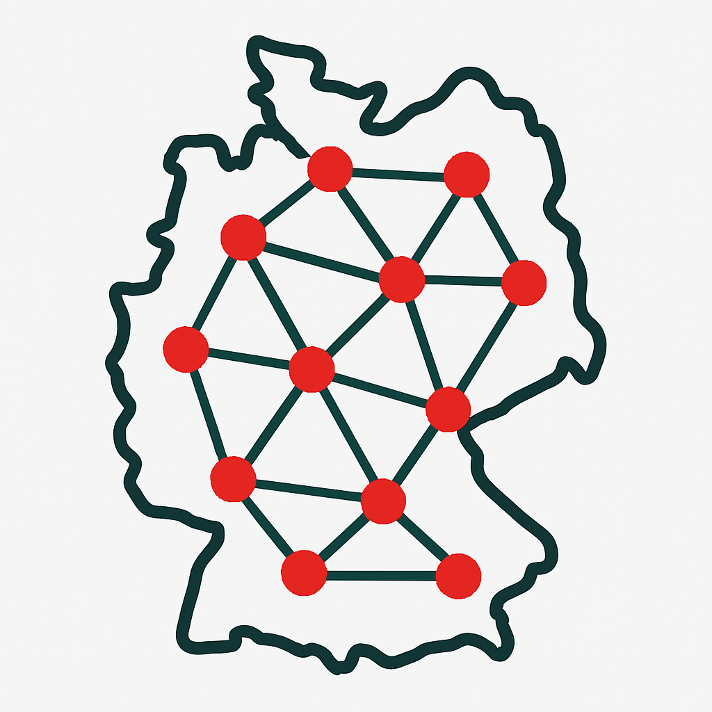 Illustration einer Deutschlandkarte mit verteilten Punkten – zeigt, wie Batteriespeicher bundesweit zur Stabilisierung der Energiewende beitragen.